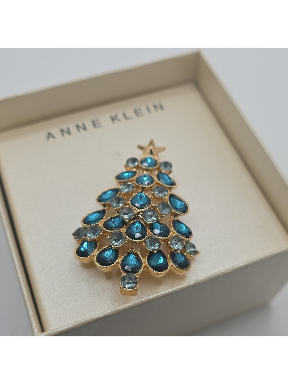 Anne Klein Signed Christmas Tree Brooch Gold Tone Blue Crystal Rhinestone Pin